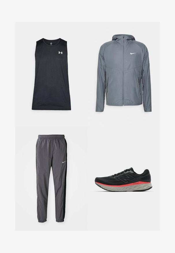 Grijze Nike-jack van lichtgewicht materiaal, met een volledige ritssluiting, capuchon en subtiele logo op de borst. Soepele textuur, op maat gemaakte pasvorm.; Zwarte mouwloze sportshirt gemaakt van een gladde, ademende stof. Heeft een ronde halslijn en een wit logo op de borst.; Nike hardloopbroek, gemaakt van lichtgewicht stof, in donkergrijs met zwarte zijpanelen. Kenmerkt zich door een elastische tailleband en een reflecterend logo.; Zwarte hardloopschoen met een bovenwerk van mesh, geaccentueerd door een roze tussenzoolstreep en een grijze outsole. Bevat textuurdetails en een flexibele zoolontwerp.