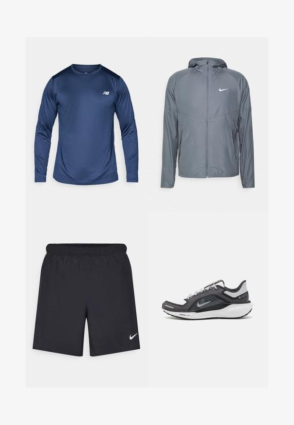 Grå Nike-jakke laget av lett materiale, med full glidelås, hette og subtil logo på brystet. Glatt tekstur, tilpasset passform.; Marine langermet treningsskjorte, laget av teksturert stoff, har rund hals og kontrasterende skulderdetaljer. Logo vist på brystet.; Svart sportskjørt laget av lett materiale med elastisk linning. Har en liten hvit Nike-logo nederst til venstre.; Svart og grå atletisk sko med mesh-overdel, refleksdetaljer og hvit mellomsåle. Har strukturert gummisåle og lisser.