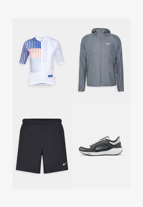 Šedá Nike bunda vyrobená z lehkého materiálu, s plným zipem, kapucí a decentním logem na hrudi. Hladká textura, elegantní střih.; Bílý cyklistický dres s modrými a oranžovými vertikálními pruhy, krátké rukávy, síťovina na bočních panelech a přední zip. Obsahuje štítek "LE COL".; Černé sportovní šortky vyrobené z lehkého materiálu s elastickým pasem. Na spodní levé straně mají malé bílé logo Nike.; Černá a šedá sportovní obuv s vrškem z prodyšné síťoviny, reflexními akcenty a bílou mezipodešví. Obsahuje texturovanou gumovou podrážku a tkaničky.