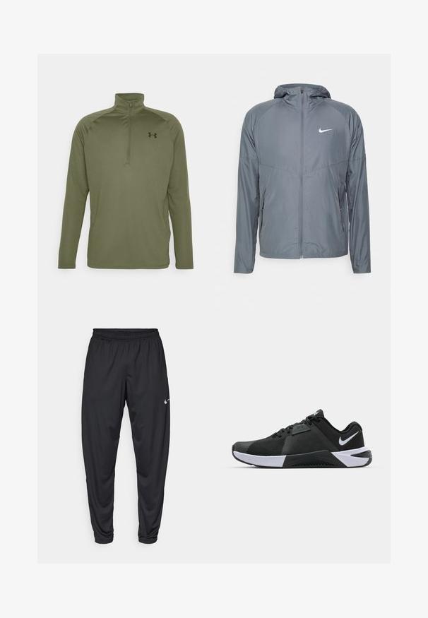 Γκρι αθλητικό μπουφάν Nike κατασκευασμένο από ελαφρύ υλικό, με πλήρη φερμουάρ, κουκούλα και διακριτικό λογότυπο στο στήθος. Λείος υφή, προσαρμοσμένη εφαρμογή.; Μακρυμάνικη μπλούζα με φερμουάρ σε ελαιόλαδο χρώμα, φτιαγμένη από λεία και ελαστική ύφανση. Διαθέτει ψηλό γιακά και ένα μικρό μαύρο λογότυπο στο στήθος.; Μαύρο αθλητικό παντελόνι με ελαστική μέση, στενές γραμμές στα πόδια και ένα μικρό λευκό λογότυπο Nike στο αριστερό μηρό. Λείο ύφασμα, χωρίς σχέδια.; Nike Performance METCON 10 - Παπούτσι προπόνησης - black/white/anthracite