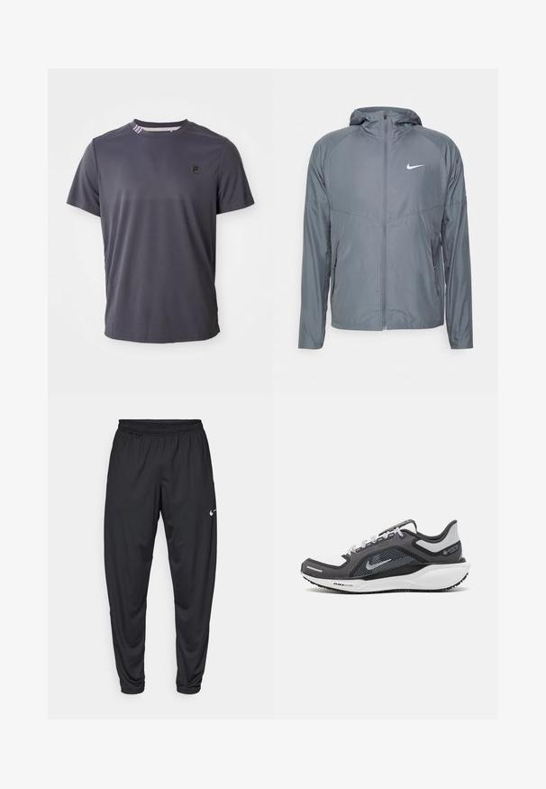 Graue Nike-Jacke aus leichtem Material, mit durchgehendem Reißverschluss, Kapuze und dezentem Logo auf der Brust. Glatte Textur, taillierte Passform.; Dunkelgraues, kurzärmliges Sport-T-Shirt mit kleinem schwarzem Logo auf der linken Brust und gestreifter Detailgestaltung im Kragen.; Schwarze Sporthose mit elastischem Bund, schmal zulaufenden Beinen und kleinem weißen Nike-Logo auf dem linken Oberschenkel. Glattes Material, ohne Muster.; Schwarzer und grauer Sportschuh mit einem Mesh-Obermaterial, reflektierenden Akzenten und einer weißen Zwischensohle. Verfügt über eine strukturierte Gummisohle und Schnürsenkel.