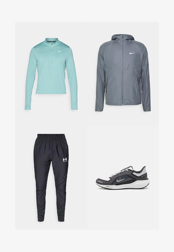 Siva Nike jakna napravljena od laganog materijala, sa punim zatvaračem, kapuljačom i suptilnim logotipom na prsima. Glatka tekstura, prilagođeni kroj.; Svetlucava tirkizna majica dugih rukava za sport s polu-zatvaračem i bijelim Nike logom na lijevoj strani prsnog koša. Glatka, rastezljiva tkanina.; Under Armour PRO PANT - Donji dijelovi trenirke - black/white; Crne i sive atletske cipele s mrežastim gornjim dijelom, reflektirajućim detaljima i bijelim među-djelom. Imaju strukturiranu gumenu potplate i vezice.