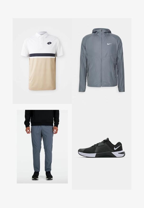 Grå Nike-jakke laget av lett materiale, med full glidelås, hette og subtil logo på brystet. Glatt tekstur, tilpasset passform.; Polo skjorte med hvit topp, beige bunn og marineblå horisontal stripe. Har knapper i kragen og en logo på brystet. Teksturede stoffer.; Grå idrettsbukser med en avsmalnet passform, laget av lett materiale, med sidesømmer og brukt med svarte joggesko.; Nike Performance METCON 10 - Treningssko - black/white/anthracite
