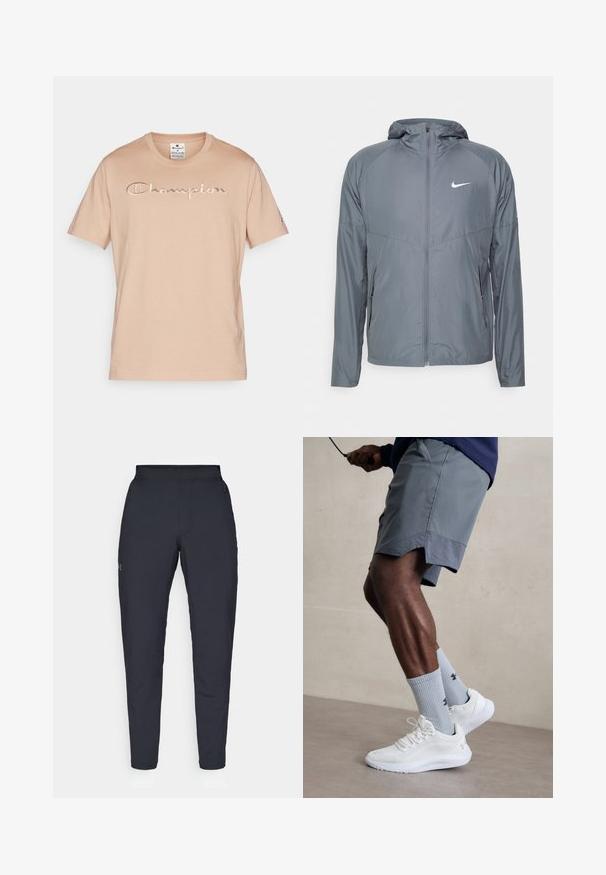 Grijze Nike-jack van lichtgewicht materiaal, met een volledige ritssluiting, capuchon en subtiele logo op de borst. Soepele textuur, op maat gemaakte pasvorm.; Beige katoenen t-shirt met korte mouwen en geborduurd "Champion" logo op de borst en een klein logo-op-zet op de linker-mouw.; Zwarte sportbroeken met een gladde textuur, slanke pasvorm, elastische tailleband en zijzakken. Bevat een klein logo op het linkerdij.; Witte sportschoenen met een textuur van gaas aan de bovenkant, gecombineerd met lichtblauwe geribde sokken met een logo. Grijze sportshorts met geperforeerde accent.