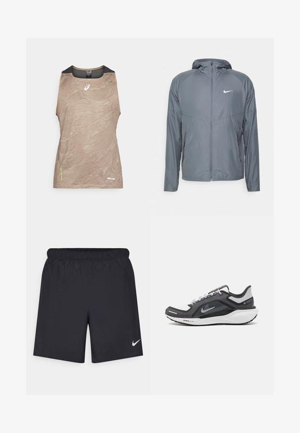 Gray Nike jacket made of lightweight material, featuring a full zipper, hood, and subtle logo on the chest. Smooth texture, tailored fit.; Tan sleeveless athletic top with a textured pattern, featuring a black mesh neck and arm accents, and a small logo on the front.; Black athletic shorts made of lightweight material with an elastic waistband. Features a small white Nike logo on the lower left side.; Black and gray athletic shoe with a mesh upper, reflective accents, and a white midsole. Features textured rubber outsole and laces.