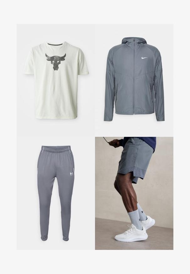 Sivá bunda Nike vyrobená z ľahkého materiálu, s celým zipsom, kapucňou a diskrétnym logom na hrudi. Hladká textúra, prispôsobený strih.; Biele bavlnené tričko s kovovým čiernym grafikom býka umiestneným na hrudi. Krátke rukávy a okrúhly výstrih.; Šedé športové nohavice s elastickým pásom, bočnými vreckami a bielymi akcentmi. Vyrobené z hladkého, ľahkého materiálu.; Biele atletické topánky s textúrovaným sieťovinovým zvrškom, v kombinácii so svetlomodrými rebrovanými ponožkami s logom. Šedé atletické šortky s perforovaným lemem.