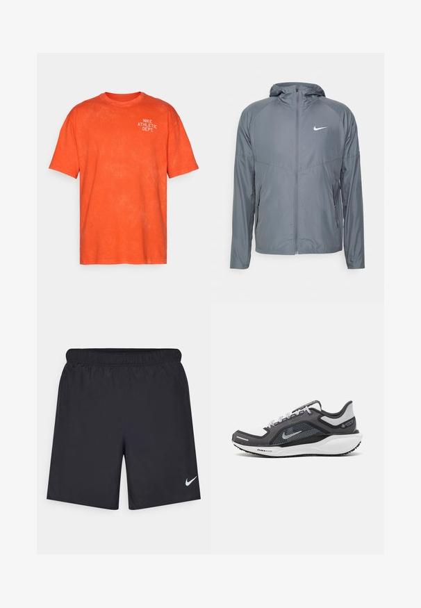 Gray Nike jacket made of lightweight material, featuring a full zipper, hood, and subtle logo on the chest. Smooth texture, tailored fit.; Orange cotton t-shirt with a relaxed fit, featuring a white "NIKE ATHLETIC DEPT." print on the upper left side. Soft texture.; Black athletic shorts made of lightweight material with an elastic waistband. Features a small white Nike logo on the lower left side.; Black and gray athletic shoe with a mesh upper, reflective accents, and a white midsole. Features textured rubber outsole and laces.