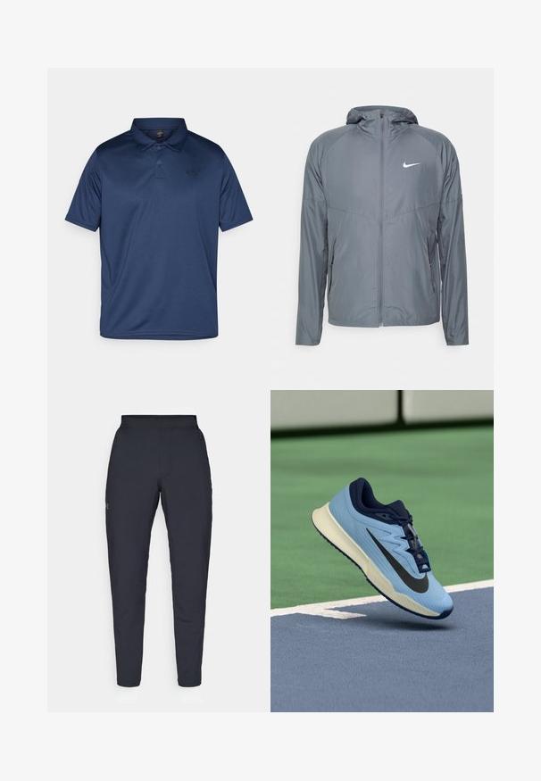 Grå Nike-jacka i lätt material, med hel dragkedja, huva och diskret logotyp på bröstet. Slät textur, skräddarsydd passform.; Mörkblå polo skjorta i glatt, andningsbart tyg. Har en klassisk krage, tre knappar och en liten logotyp på vänster bröst.; Svarta träningsbyxor med en slät yta, slim fit, elastisk midja och sidofickor. Har en liten logotyp på vänstra låret.; Ljusblå sportskor med marinblå detaljer, texturerad mesh-övre och svart Swoosh-logotyp. Har en dämpad mellansula och gummisula.