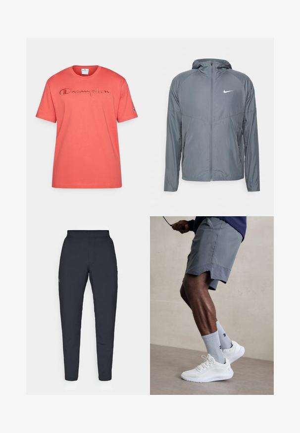 Pelēks Nike jaka, izgatavota no viegla materiāla, ar pilnu rāvējslēdzēju, kapuci un diskrētu logo uz krūtīm. Gluda tekstūra, pielāgota piegriezne.; Koraļa krāsas kokvilnas T-krekls ar īsām piedurknēm, uz kuras plecu ir izšūts "Champion" logotips un mazs logotips uz piedurknes.; Melnas sporta bikses ar gludu tekstūru, šauru piegriezumu, elastīgu jostu un sānu kabatām. Uz kreisā augšstilba ir mazs logs.; Baltas sporta apavu pāris ar strukturētu acs virsu, apvienots ar gaiši zilo riboto zeķu pāri, kurā ir zīmols. Pelēki sporta šorti ar perforētu apdari.