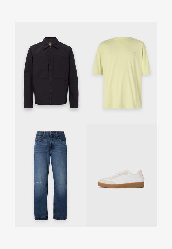 Juodas užtrauktukas švarkas su dviem priekinėmis kišenėmis, ilgomis rankovėmis, apykakle ir pleistru kairiajame viršutiniame rankovės šone.; Šviesiai geltona medvilninė marškinėliai su trumpomis rankovėmis, apvaliu iškirpimu ir dviem mažais „SAMSØE“ logotipais, atspausdintais kairėje viršutinėje pusėje.; Mėlynos džinsinės kelnės su tiesiu klešnių dizainu. Yra šiek tiek nusidėvėjimo ir šviesių dėmių priekyje, su klasikiniu uždarymu mygtuku.; Balti ir smėlio spalvos sportiniai bateliai su zomšos ir odos elementais. Su guminiu padu, raištelių dizainu ir minimalistinėmis šoninėmis juostelėmis.