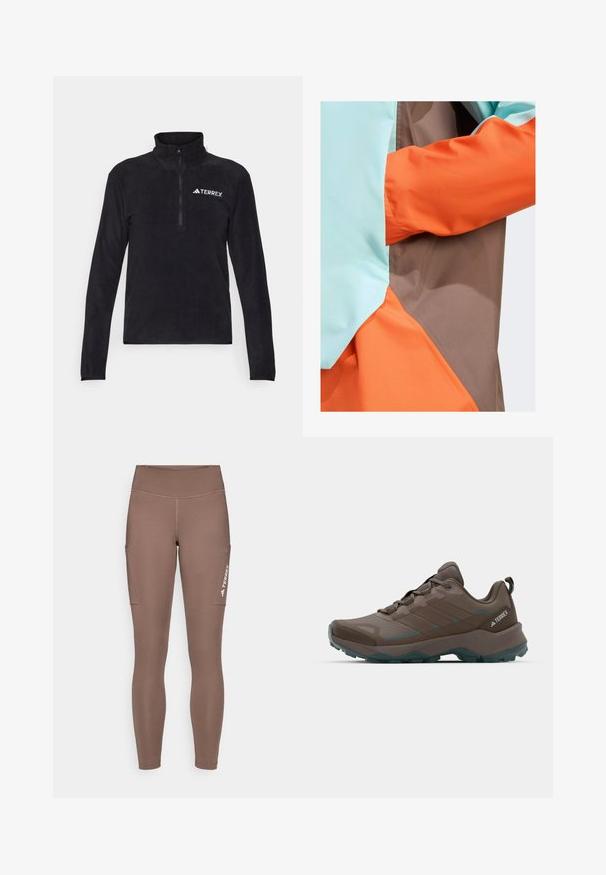 adidas Terrex ANORAK - Regenjas - earth strata semi flash aqua semi impact orange; Zwarte fleece pullover met lange mouwen, kwart-rits hals en wit "TERREX" logo op de linkerkant van de borst. Zachte textuur, casual pasvorm.; Bruine sportleggings met een hoge tailleband, voorzien van zijzakken en een wit logo. Gladde, rekbare stof voor comfort en bewegingsvrijheid.; Grijze en teal wandelschoenen met gaaspanelen, gestructureerde bovenkant en robuuste rubberen outsole. Voorzien van een gevoerde tong en vetersluiting.