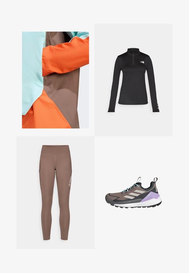 adidas Terrex ANORAK - Impermeabile - earth strata semi flash aqua semi impact orange; The North Face FLEX 1/4 ZIP GRAPHIC - Maglietta a manica lunga - black; Leggings sportivi marroni con vita alta, dotati di tasche laterali e un logo bianco. Tessuto liscio ed elasticizzato per comfort e mobilità.; Scarpa da trekking GORE-TEX con tomaia grigia e nera, accenti bianchi e lavanda, finitura testurizzata e suola resistente per una trazione sicura.