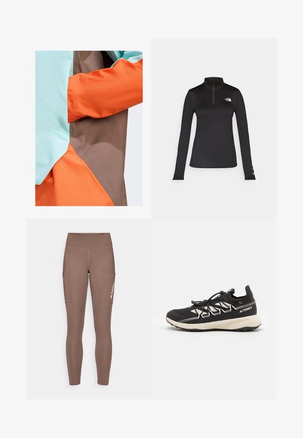 adidas Terrex ANORAK - Vodootporna jakna - earth strata semi flash aqua semi impact orange; The North Face FLEX 1/4 ZIP GRAPHIC - Top dugih rukava - black; Smeđe atletske tajice s visokim strukom, s bočnim džepovima i bijelim logotipom. Glatka, rastezljiva tkanina za udobnost i pokretljivost.; Crne atletske cipele s teksturiranim gornjim dijelom, kontrastnim bijelim akcentima, oblikovanim đonom i elastičnim vezicama. Imaju otisnutu oznaku na peti.