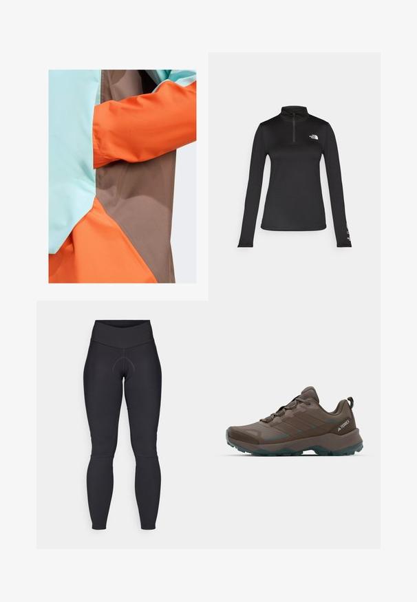 adidas Terrex ANORAK - Impermeable - earth strata semi flash aqua semi impact orange; The North Face FLEX 1/4 ZIP GRAPHIC - Camiseta de manga larga - black; Leggings negros con cintura alta, que cuentan con un diseño que realza la figura, tejido que absorbe la humedad y costuras planas para mayor comodidad.; Zapatos de senderismo grises y verde azulado con paneles de malla, parte superior texturizada y suela de goma resistente. Cuenta con lengüeta acolchada y diseño de cordones.