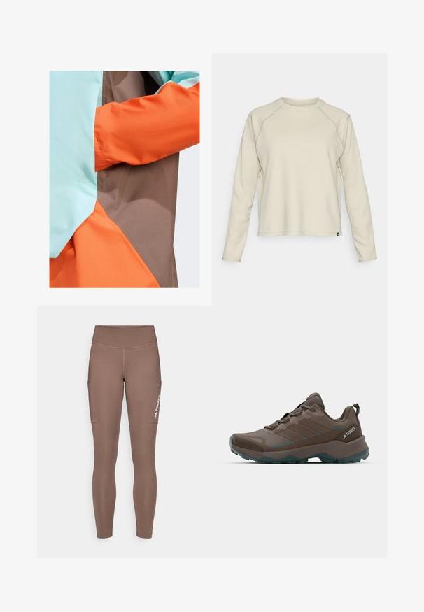 adidas Terrex - Kurtka przeciwdeszczowa; Jasno beżowa bluzka z długim rękawem o teksturowanym, prążkowanym wzorze. Posiada rękawy raglanowe oraz okrągły dekolt. Dyskretny logo marki na dole.; Brązowe legginsy sportowe z wysokim stanem, posiadające boczne kieszenie i białe logo. Gładki, elastyczny materiał zapewniający komfort i swobodę ruchów.; Szare i turkusowe buty trekkingowe z siateczkowymi panelami, teksturowanym cholewką i szorstką gumową podeszwą. Posiadają wyściełany język i sznurowany fason.