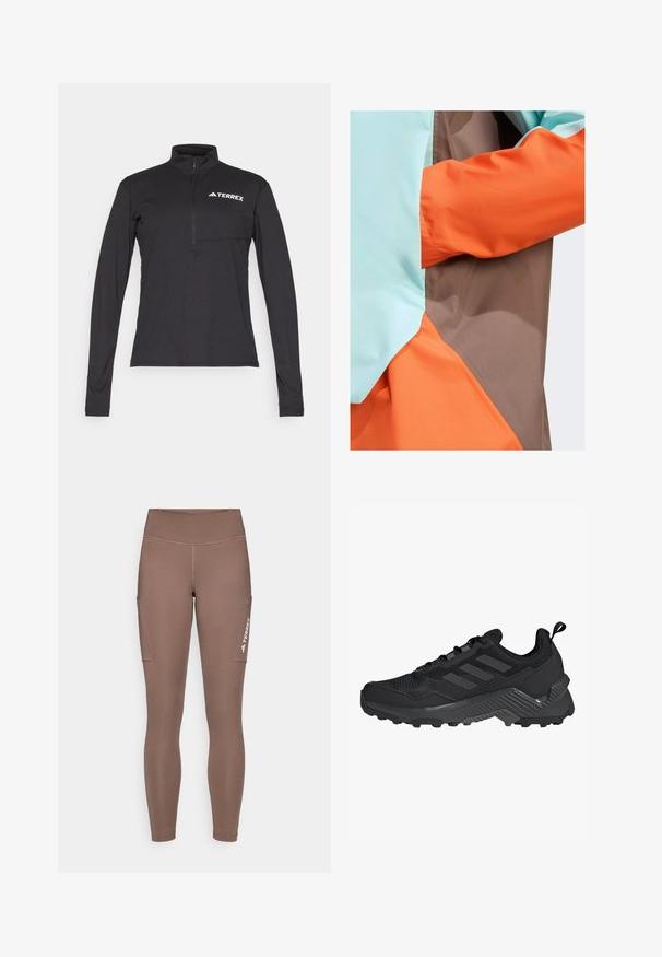 adidas Terrex ANORAK - Vodootporna jakna - earth strata semi flash aqua semi impact orange; Crni pulover dugih rukava s četvrtastim zatvaračem, s prednjim džepom i bijelim "TERREX" logotipom na prsima. Glatka, lagana tkanina.; Smeđe atletske tajice s visokim strukom, s bočnim džepovima i bijelim logotipom. Glatka, rastezljiva tkanina za udobnost i pokretljivost.; Crna atletska cipela s mrežastim gornjištem, dizajnom s tri pruge, oblikovanim petnim dijelom i robusnom vanjskom školjkom s istaknutim uzorcima za prianjanje.