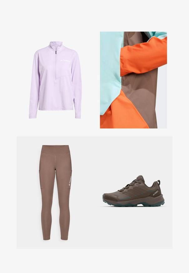 adidas Terrex ANORAK - Impermeabile - earth strata semi flash aqua semi impact orange; Pullover leggero viola chiaro con zip a un quarto, realizzato in tessuto morbido, presenta una tasca sul lato sinistro del petto e il logo "Terrex" bianco. Maniche lunghe con orlo dritto.; Leggings sportivi marroni con vita alta, dotati di tasche laterali e un logo bianco. Tessuto liscio ed elasticizzato per comfort e mobilità.; Scarpe da trekking grigie e teal con pannelli in rete, tomaia texturizzata e suola in gomma robusta. Presentano una linguetta imbottita e un design con lacci.
