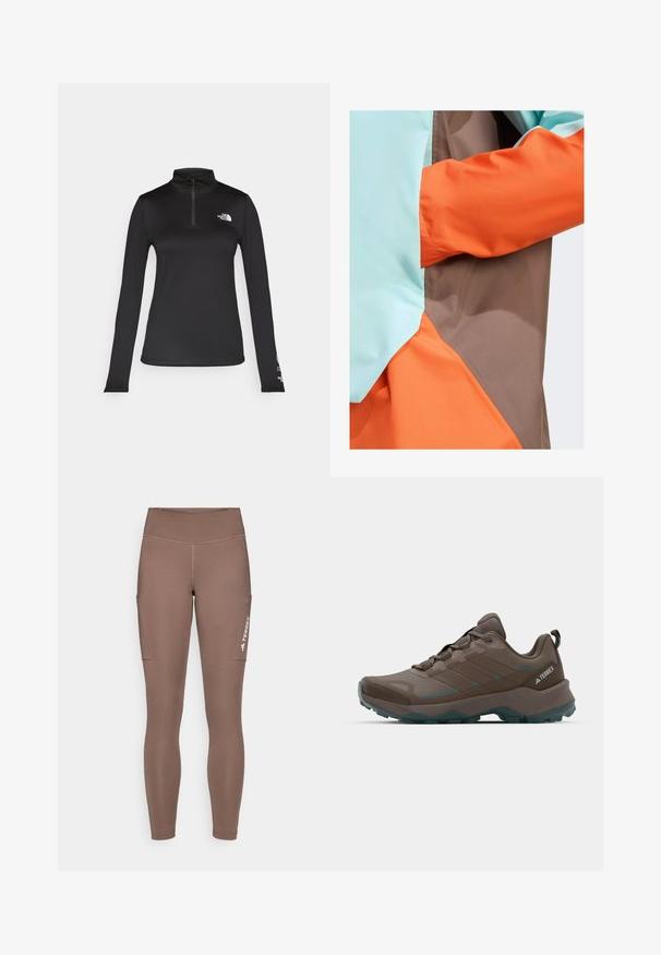 adidas Terrex ANORAK - Sadetakki - earth strata semi flash aqua semi impact orange; The North Face FLEX 1/4 ZIP GRAPHIC - Pitkähihainen paita - black; Ruskeat urheiluleggingsit korkean vyötärönauhalla, joissa on sivutaskut ja valkoinen logo. Liukas, joustava kangas mukavuutta ja liikkuvuutta varten.; Harmaat ja turkoosit vaelluskengät, joissa on verkkomaiset paneelit, teksturoitu päällinen ja rugged-kumiaulakosa. Varustettu pehmustetulla kielillä ja nauhakiinnityksellä.