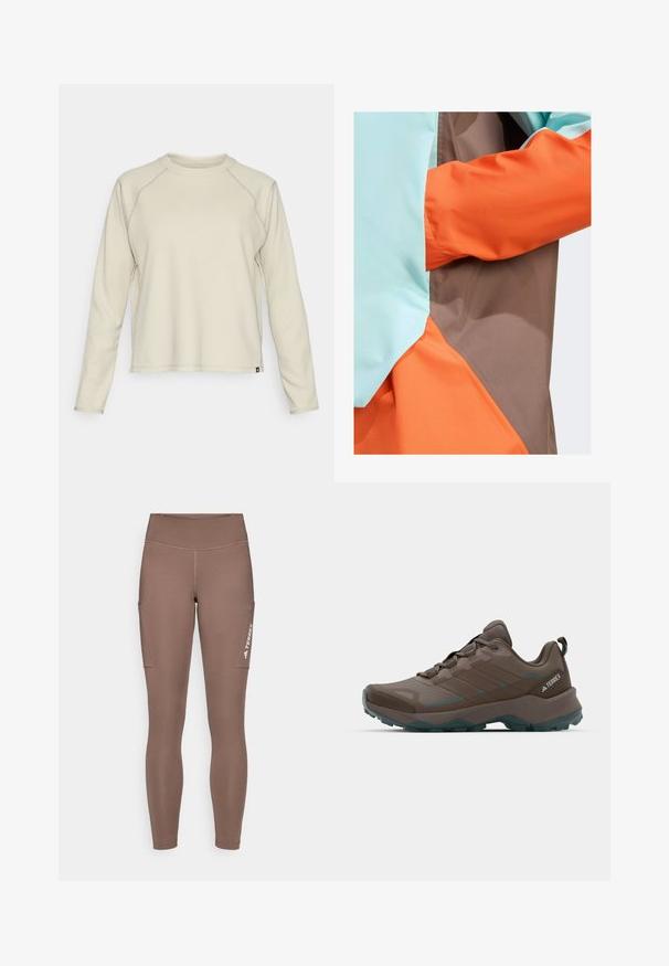adidas Terrex ANORAK - Impermeable - earth strata semi flash aqua semi impact orange; Top de manga larga beige claro con un diseño texturizado y acanalado. Presenta mangas raglán y un escote redondeado. Sutil logo de la marca en el dobladillo.; Mallas deportivas marrones con una cintura alta, que cuentan con bolsillos laterales y un logo blanco. Tejido suave y elástico para mayor comodidad y movilidad.; Zapatos de senderismo grises y verde azulado con paneles de malla, parte superior texturizada y suela de goma resistente. Cuenta con lengüeta acolchada y diseño de cordones.