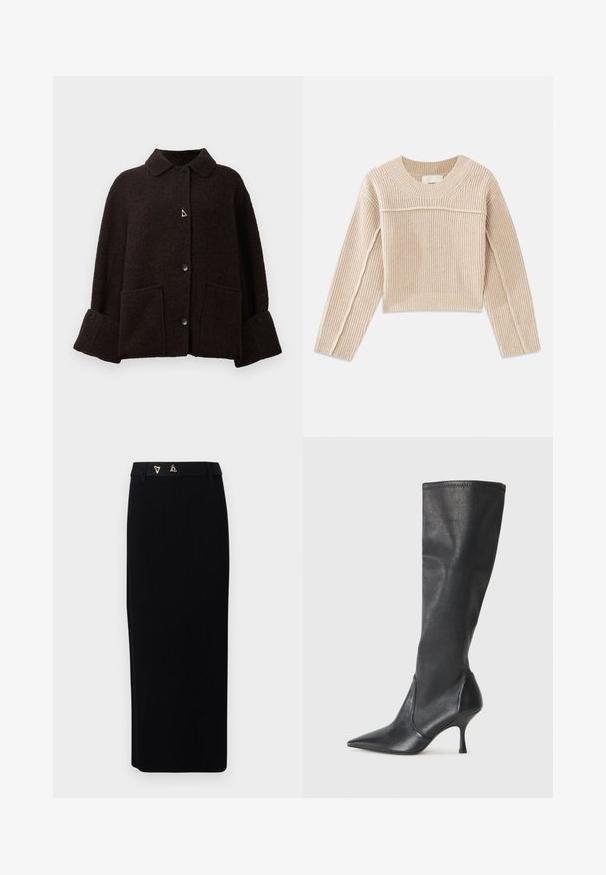 Jachetă din lână de culoare maro închis, cu manșete largi, nasturi pe față, două buzunare mari în față și guler ascuțit.; Pulover scurt din tricot bej cu model în dungi, cu mâneci lungi, decolteu rotund și cusături decorative pe marginile mânecilor.; AERON FORUM  - Fustă tip creion - black; Botine din piele neagră, până la genunchi, cu vârf ascuțit și toc subțire stiletto. Textură netedă, cu un design ajustat și cusături la marginea superioară.