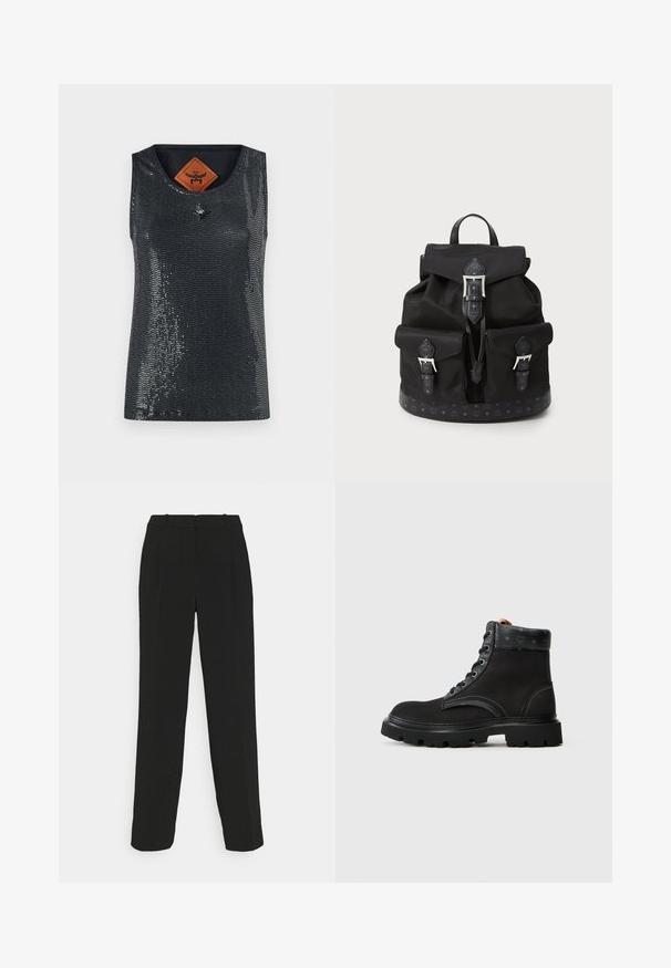 Mørkebrun uldjakke med brede manchetter, frontknapper, to store forlommer og en spids krave.; MCM SEQUINS TANK - Top - black; Sorte skræddersyede bukser med lige ben, højtaljet, med pressefolder og en glat stofstruktur.; Sorte ankelstøvler med en tekstureret læderoverdel, snørebåndsdesign, kontrasterende syninger og en robust gummisål. Logopræget på tungen.; Sort nylon rygsæk med to frontlukkeposer, en topklap med en spænde og et mønstret bund- og kantdetalje.