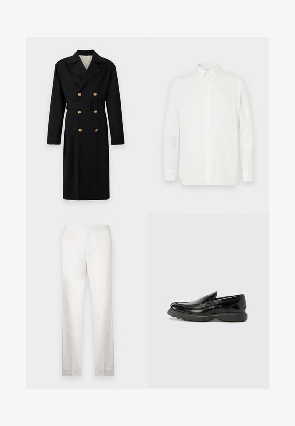 Melns divrindu mētelis strukturētā dizainā, ar zelta pogām, saitīti ap jostu un iedzimtu apkakli. Gluda auduma konstrukcija ar klasisku piegriezumu.; Balta garām piedurknēm krekls, izgatavots no viegla auduma, ar klasisku apkakli, pogu aizdari un taisnu apakšmalu. Gluda tekstūra.; Gai bēša krāsa pielāgotas bikses ar gludu tekstūru, taisnām kājām, izlīdzenu priekšpusi un minimāliem šuvju elementiem. Nav redzamu kabatu.; Melnas ādas loafers ar spīdīgu apdari, noapaļota pirksta forma, smalkas šuvju detaļas un bieza gumijas zole ilgstošai lietošanai.