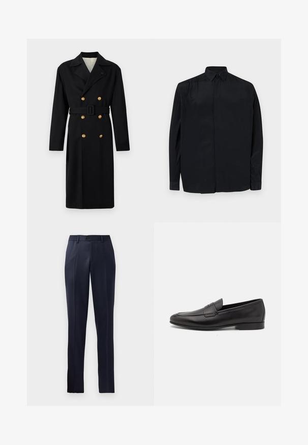 Abrigo negro de corte estructurado con doble botonadura, que cuenta con botones dorados, cinturón de lazo y cuello con muesca. Tejido suave con un ajuste clásico.; Camisa negra de manga larga hecha de tejido suave, con un cuello clásico, tapeta de botones y un corte relajado con mangas abotonadas.; Pantalones azul marino con un diseño de perneras rectas, cinturilla elástica, frente plano y cierre de un botón. Textura de tela suave.; Mocasín negro de cuero para hombres con un tacón bajo y un diseño clásico de cinta para monedas, mostrado en perfil lateral sobre un fondo blanco.