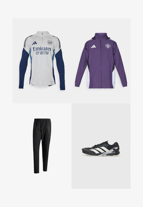 adidas Performance MANCHESTER UNITED 25/26 COMPETITION ALL WEATHER JACKET - Article de supporter d'équipe de club - aurora plum/white/black; Maillot à manches longues blanc avec des accents bleu marine, col zippé mi-hauteur, arborant le logo "Emirates Fly Better" et le blason du club d'Arsenal.; Pantalons de sport noirs avec une taille élastique, deux poches latérales zippées, des jambes fuselées et un détail de logo subtil sur la hanche.; Chaussure de sport noire avec des rayures blanches, tige en mesh, bout arrondi et semelle rembourrée. Comprend un talon texturé et un système de laçage sécurisé.