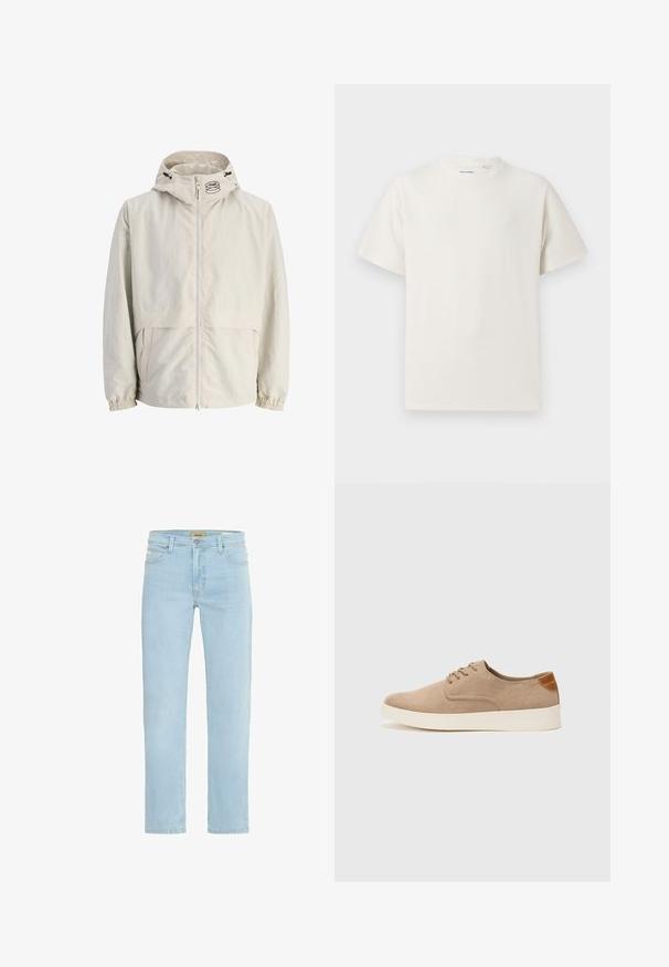 Heledane beež, kapuutsiga jakk, mis on valmistatud kergest materjalist. Omab ees olevat lukku, elastseid mansette ja logo kapuuti peal.; Valge lühikeste varrukatega T-särk ribakudumises. Ümar kaelus, mugav lõige, nähtavad mustrid ega aksessuaarid puuduvad. Lihtne ja mitmekesine disain.; Heled sinise denimi teksased, sirge lõikega, standardse viie taskuga disainiga ning metallist nööbi sulgemisega lukuaugu. ; Beežid nahast tossud ümarate varvastega, paeltega esiosa ja tekstuuriga tagakontuuriga. Valge kummist tallapakkumine loob kontrasti. Lihtne ja kaasaegne disain.