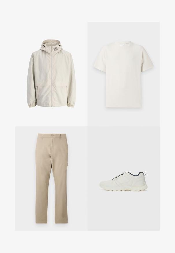 Lichtbeige, hoodie-jack gemaakt van lichtgewicht materiaal. Heeft een ritssluiting aan de voorkant, elastische manchetten en een logo op de capuchon.; Witte korte mouwen T-shirt met ribbelstructuur. Ronde hals, ontspannen pasvorm, geen zichtbare patronen of accenten. Eenvoudig en veelzijdig ontwerp.; Beige katoenen broek met een recht model, voorzien van een sluiting met een knoop aan de voorkant en subtiele stikseldetails. Gladde textuur, geen patronen.; Lichte atletische schoen in off-white met een textuurleer bovenkant, marineblauwe accenten, vetersluiting en een stevige rubberen buitenzool.