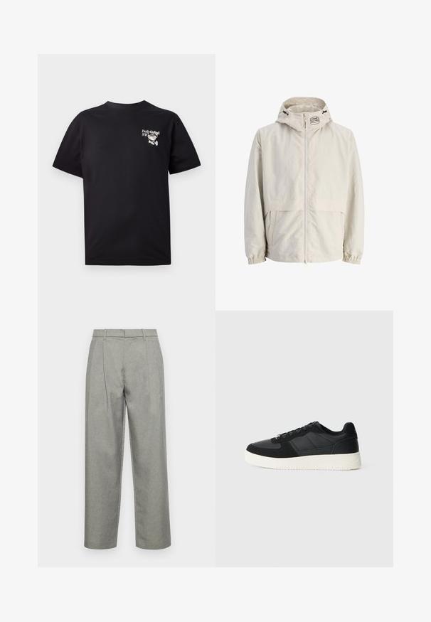 Svetlo bež jakna s kapuco, izdelana iz lahkega materiala. Ima sprednji zadrgo, elastične manšete in logo na kapuci.; Črna bombažna majica s kratkimi rokavi, okroglim izrezom, z belim grafičnim dizajnom na levem prsnem predelu.; Sive prilagojene hlače iz teksturiranega blaga, s ravnim krojem, sprednjimi gubami in standardnim pasom z zankami za pas.; Črne nizke teniske z teksturiranim usnjem in paneli iz semiša, bela gumijasta podloga in črne vezalke na enobarvni svetli podlagi.
