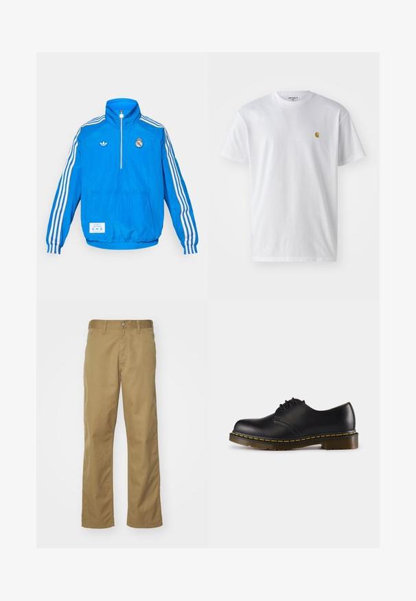 adidas Originals REAL MADRID ICON HALF ZIP JACKET - Article de supporter d'équipe de club - bluebird/white; T-shirt en coton blanc à manches courtes, col rond, avec un petit logo doré sur la poitrine gauche. Texture douce et coupe régulière.; Chino kaki avec une coupe droite, fabriqué en tissu de coton lisse. Dispose d'une fermeture à bouton à l'avant et de poches latérales.; Chaussure en cuir noir avec un bout arrondi, design à lacets, couture jaune le long de la semelle et une semelle en caoutchouc texturée et épaisse.