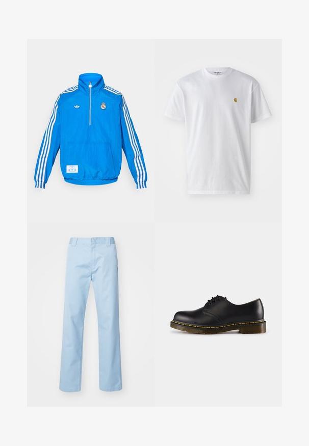 adidas Originals REAL MADRID ICON HALF ZIP JACKET - Sporto klubų atributika - bluebird/white; Balta medvilnės marškinėliai su trumpomis rankovėmis, apvalia iškirpte, kuriuose kairėje krūtinės pusėje yra mažas auksinis logotipas. Minkšta tekstūra ir reguliari forma.; Šviesiai mėlyni tiesūs kelnių modeliai, pagaminti iš medvilnės ir poliesterio mišinio. Su plokščiu priekiu ir šonuose esančiomis kišenėmis, be matomų raštų ar papuošimų.; Juodos odinės batai su apvaliu pirštu, su raišteliais, geltonu siūliniu aplink padą ir masyviu, tekstūruotu guminiu padu.