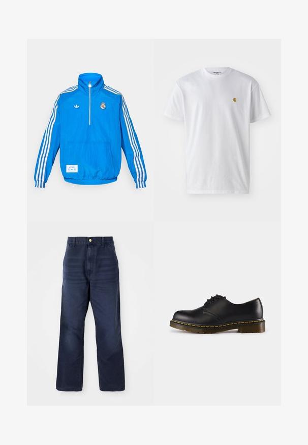 adidas Originals REAL MADRID ICON HALF ZIP JACKET - Squadra - bluebird/white; T-shirt bianco in cotone con maniche corte, con colletto girocollo, caratterizzato da un piccolo logo dorato sulla parte sinistra del petto. Tessuto morbido e vestibilità regolare.; Pantaloni in denim blu scuro con taglio dritto, dotati di chiusura frontale con bottone, passanti per cintura e senza motivi o accenti visibili.; Scarpa in pelle nera con punta arrotondata, design con lacci, cuciture gialle lungo la suola e suola in gomma spessa e testurizzata.