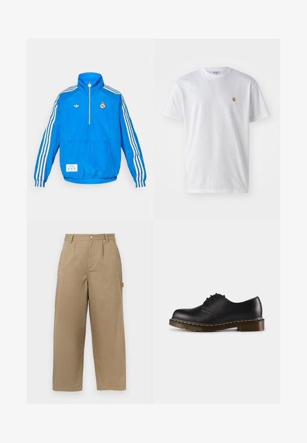 adidas Originals REAL MADRID ICON HALF ZIP JACKET - Klupska odjeća - bluebird/white; Bijela pamučna majica kratkih rukava s okruglim izrezom, sa malim zlatnim logotipom na lijevoj strani prsnog koša. Mekana tekstura i standardni kroj.; Bež široke hlače od pamučne mješavine, visoki struk, prednji nabora i dva bočna džepa sa kopčanjem na dugme.; Crna kožna cipela s zaobljenim prstom, dizajnom na vezivanje, žutim šavovima duž pete i debelim, teksturiranim gumiranim đonom.