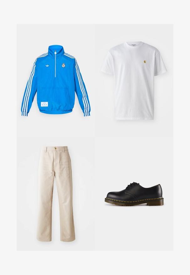 adidas Originals REAL MADRID ICON HALF ZIP JACKET - Joukkuetuote - bluebird/white; Valkoinen puuvillapaita lyhyillä hihoilla, pyöreä kaula-aukko, jossa on pieni kultainen logo vasemmassa rintapielessä. Pehmeä kangas ja normaali istuvuus.; Vaaleanbeige puuvillaiset leveälahkeiset housut, joissa on sileä pinta, etunappi kiinnitys, vyölenkit ja kaksi sivutaskua.; Musta nahkakenkä, jossa on pyöreä kärki, nauhakiinnitys, keltainen päällinen pohjan ympärillä ja tukeva, teksturoitu kumipohja.