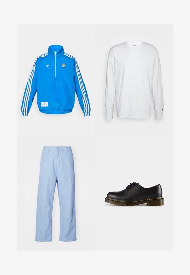 adidas Originals REAL MADRID ICON HALF ZIP JACKET - Club wear - bluebird/white; White long-sleeved T-shirt made of cotton. Crew neck design with ribbed cuffs and a small logo on the left sleeve. Smooth texture.; Light blue linen pants with a relaxed fit, featuring patch pockets and visible stitching details. The fabric has a soft, textured appearance.; Black leather shoe with rounded toe, lace-up design, yellow stitching along the sole, and a chunky, textured rubber outsole.