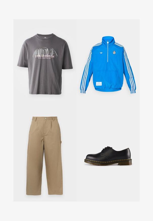 adidas Originals REAL MADRID ICON HALF ZIP JACKET - Club wear - bluebird/white; Gray cotton t-shirt with short sleeves, featuring a glossy "ALPHA STUDIO EDITION" logo in multicolored lettering centered on the front.; Beige wide-leg trousers made of cotton blend, featuring a high waist, front pleats, and two side pockets with a button closure.; Black leather shoe with rounded toe, lace-up design, yellow stitching along the sole, and a chunky, textured rubber outsole.