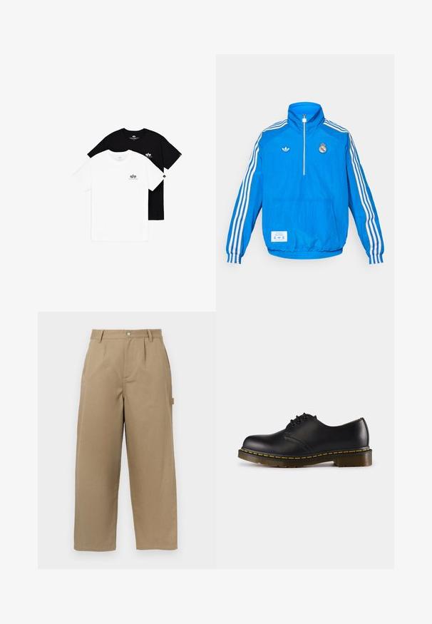 adidas Originals REAL MADRID ICON HALF ZIP JACKET - Club wear - bluebird/white; Two crewneck t-shirts: one white and one black. Both feature small logo accents on the left chest. Made of soft cotton fabric.; Beige wide-leg trousers made of cotton blend, featuring a high waist, front pleats, and two side pockets with a button closure.; Black leather shoe with rounded toe, lace-up design, yellow stitching along the sole, and a chunky, textured rubber outsole.