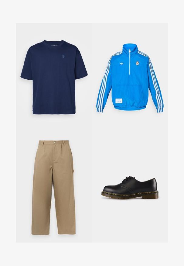 adidas Originals REAL MADRID ICON HALF ZIP JACKET - Club wear - bluebird/white; Navy blue cotton t-shirt with a crew neckline, short sleeves, and a small, tonal logo on the chest. Casual fit, smooth texture.; Beige wide-leg trousers made of cotton blend, featuring a high waist, front pleats, and two side pockets with a button closure.; Black leather shoe with rounded toe, lace-up design, yellow stitching along the sole, and a chunky, textured rubber outsole.
