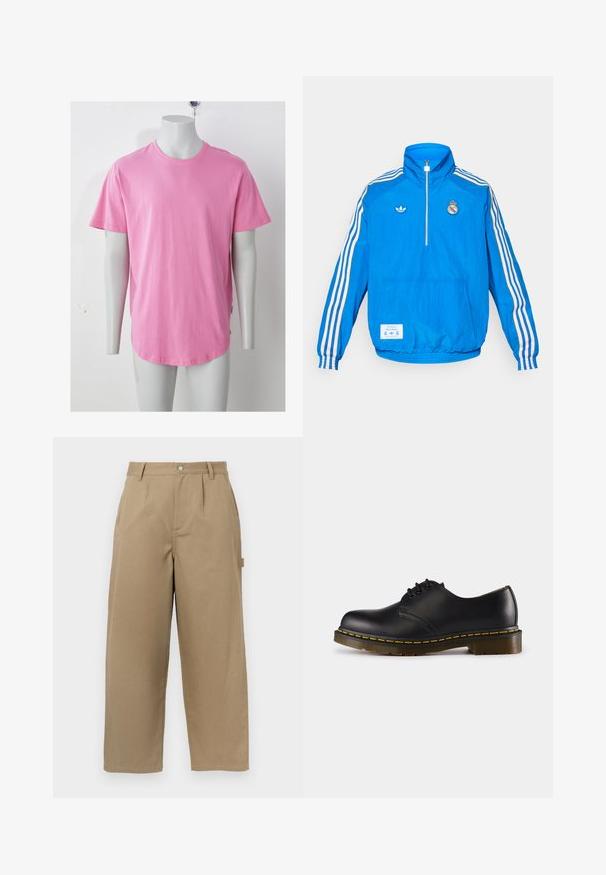 adidas Originals REAL MADRID ICON HALF ZIP JACKET - Klubové oblečenie - bluebird/white; Ružové krátke bavlnené tričko s okrúhlym výstrihom, hladkou textúrou a zaobleným spodným okrajom. Na boku je štítok.; Béžové nohavice s širokými nohavicami vyrobené z bavlneného zloženia, s vysokým pásom, prešitím vpredu a dvoma bočnými vreckami so zapínaním na gombík.; Čierna kožená topánka s okrúhlou špičkou, šnurovací dizajn, žlté prešívanie pozdĺž podrážky a masívna, textúrovaná gumová podrážka.