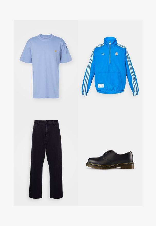 adidas Originals REAL MADRID ICON HALF ZIP JACKET - Joukkuetuote - bluebird/white; Vaaleansininen puuvillapaita, jossa on pyöreä kaula-aukko ja lyhyet hihat. Vasemmassa rinnassa pieni keltainen logo. Pehmeä rakenne, normaali istuvuus.; Mustat farkut suoran lahkeiden muotoilulla, jossa on nappi- ja vetoketjukiinnitys, vyölenkit ja vähäiset ompeluyksityiskohdat.; Musta nahkakenkä, jossa on pyöreä kärki, nauhakiinnitys, keltainen päällinen pohjan ympärillä ja tukeva, teksturoitu kumipohja.
