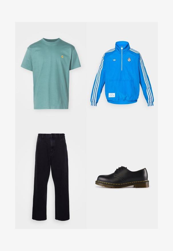 adidas Originals REAL MADRID ICON niebieski; Bawełniana koszulka w kolorze teal, krótki rękaw, okrągły dekolt, z małym żółtym logo na lewej piersi. Teksturowana tkanina o gładkim wykończeniu.; Czarne dżinsowe spodnie o prostym kroju, z zapięciem na guzik i zamek błyskawiczny, szlufkami na pasek oraz minimalnymi detalami w szwach.; Czarna skórzana półbut z okrągłym noskiem, wiązany, z żółtym przeszyciem wzdłuż podeszwy i masywną, teksturowaną gumową podeszwą.