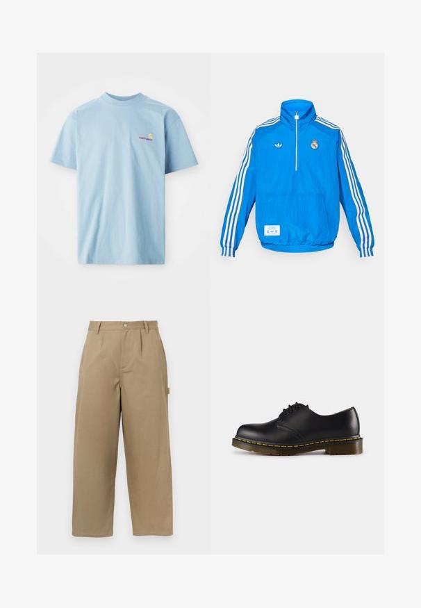 adidas Originals REAL MADRID ICON HALF ZIP JACKET - Club wear - bluebird/white; Light blue, short-sleeve t-shirt made of cotton, featuring a round neck and a small multicolored Carhartt logo on the left chest.; Beige wide-leg trousers made of cotton blend, featuring a high waist, front pleats, and two side pockets with a button closure.; Black leather shoe with rounded toe, lace-up design, yellow stitching along the sole, and a chunky, textured rubber outsole.