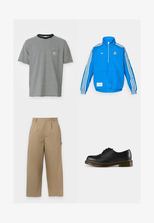 adidas Originals REAL MADRID ICON HALF ZIP JACKET - Klubiriided - bluebird/white; Mustvalge horisontaalselt triibuline lühikeste varrukatega t-särk, millel on väike rinnatasku ja oranž Carhartt logopatch.; Bežid laiad püksid, mis on valmistatud puuvillase segu materjalist, kõrge talje, ees olevate voldikute ja kahe küljetaskuga, millel on nööbiga sulgemine.; Musta nahkne saabas ümarate varvastega, nööridega kinnise disainiga, kollase õmblusega tallal ja paksu, tekstuurse kummist tallaga.