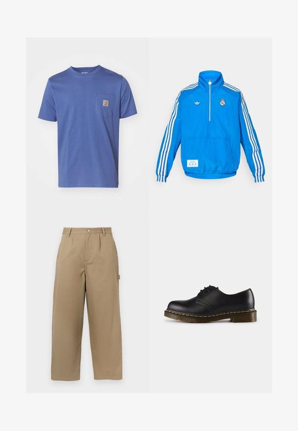 adidas Originals REAL MADRID ICON HALF ZIP JACKET - Sporto klubų atributika - bluebird/white; Mėlynas medvilnės marškinėliai su apvaliu kaklu ir trumpomis rankovėmis, turintys krūtinės kišenę su mažu prekių ženklu. Ypatingai lygus audinys.; Šviesiai rudos spalvos plačiakojos kelnės, pagamintos iš medvilnės mišinio, turinčios aukštą liemenį, priekyje raukšles ir dvi šonines kišenes su mygtuko uždarymu.; Juodos odinės batai su apvaliu pirštu, su raišteliais, geltonu siūliniu aplink padą ir masyviu, tekstūruotu guminiu padu.