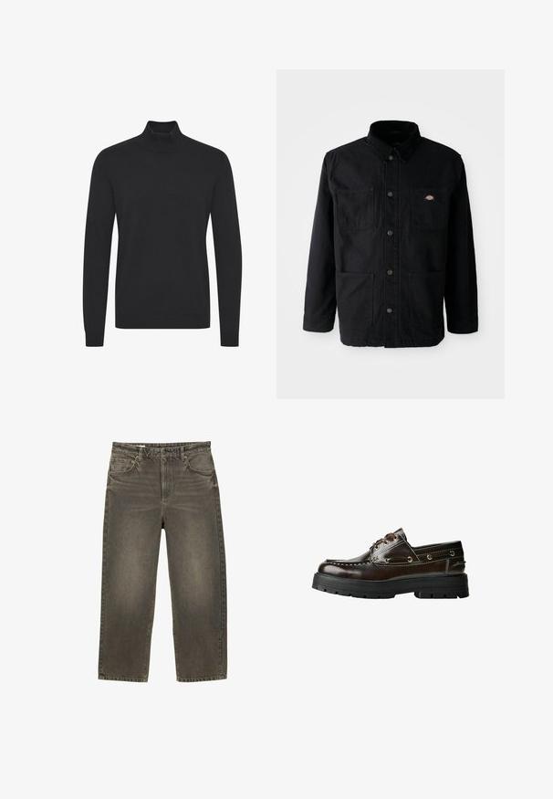 Fekete gombos dzseki négy elülső zsebbel, kordbársony gallérral és kis márka logóval a jobb felső zseben.; Fekete garbó pulóver sima anyagból, hosszú ujakkal és bordás mandzsettával, illetve aljjal. Egyszerű, díszítés nélküli kialakítás.; Széles szárú farmernadrág megfakult szürke denim anyagból, enyhe fényességgel. Két elülső zsebbel és gombos záródással rendelkezik. Vízszintes varrás a derékpánton.; Barna bőr csónakcipő, gumitalppal, varrási részletekkel, fém fűzőlyukakkal és fűzős kialakítással. Masszív, könnyű szerkezet.