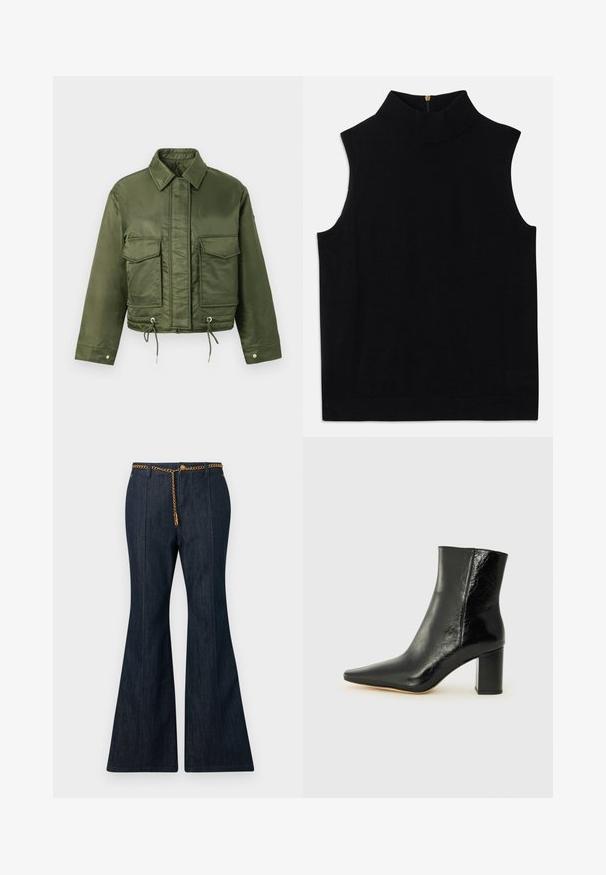 Olivgrüne, kurze Jacke aus glattem, glänzendem Stoff. Verfügt über zwei Brusttaschen, einen Kordelzug am Saum und einen klassischen Kragen.; Schwarz ärmelloses Rollkragenoberteil aus weicher Material, mit hohem Kragen und einem Reißverschluss auf der Rückseite. Einfaches Design ohne Muster oder Akzente.; Dunkelblaue ausgeflockte Jeans mit hoher Taille, ausgestattet mit einem goldenen Kettengürtel und kontrastierenden Nähten entlang der Nähte.; Schwarze Knöchelstiefelette aus glänzendem Leder mit spitzem Zeh und klobigem, quadratischem Absatz. Verfügt über eine glatte Textur und ein minimalistisches Design.