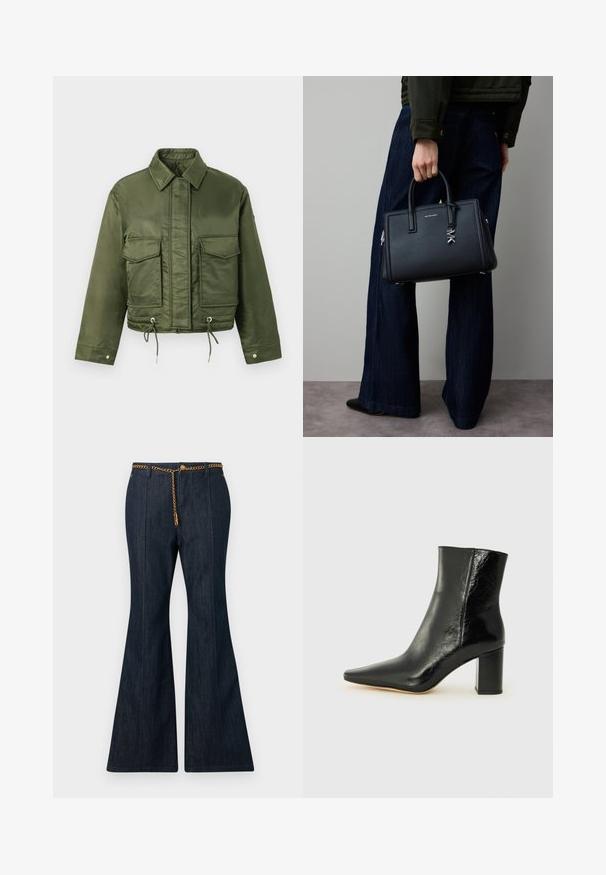 Olive green cropped jacket made of smooth, shiny fabric. Features two chest pockets, drawstring hem, and a classic collar.; Black sleeveless turtleneck top made from soft material, featuring a high collar and a back zip closure. Simple design with no patterns or accents.; Dark denim flared jeans with a high waist, featuring a gold chain belt and contrasting stitching along the seams.; Black ankle boot made of glossy leather with a pointed toe and a chunky, square heel. Features a smooth texture and minimalistic design.; Black leather handbag with a structured design, top handles, silver hardware, and a prominent MK logo detail. Worn with dark denim pants.