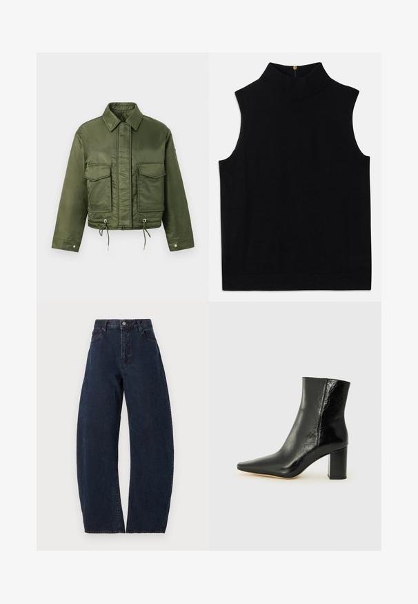 Olivgrüne, kurze Jacke aus glattem, glänzendem Stoff. Verfügt über zwei Brusttaschen, einen Kordelzug am Saum und einen klassischen Kragen.; Schwarz ärmelloses Rollkragenoberteil aus weicher Material, mit hohem Kragen und einem Reißverschluss auf der Rückseite. Einfaches Design ohne Muster oder Akzente.; Hoch taillierte, weit geschnittene Jeans aus dunkelblauem Denim. Mit Knopfverschluss, fünf Taschen und subtiler Textur. Keine sichtbaren Muster oder Akzente.; Schwarze Knöchelstiefelette aus glänzendem Leder mit spitzem Zeh und klobigem, quadratischem Absatz. Verfügt über eine glatte Textur und ein minimalistisches Design.